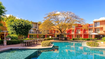 Outdoor pool, pool umbrellas, sun loungers