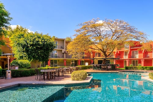 Outdoor pool, pool umbrellas, sun loungers