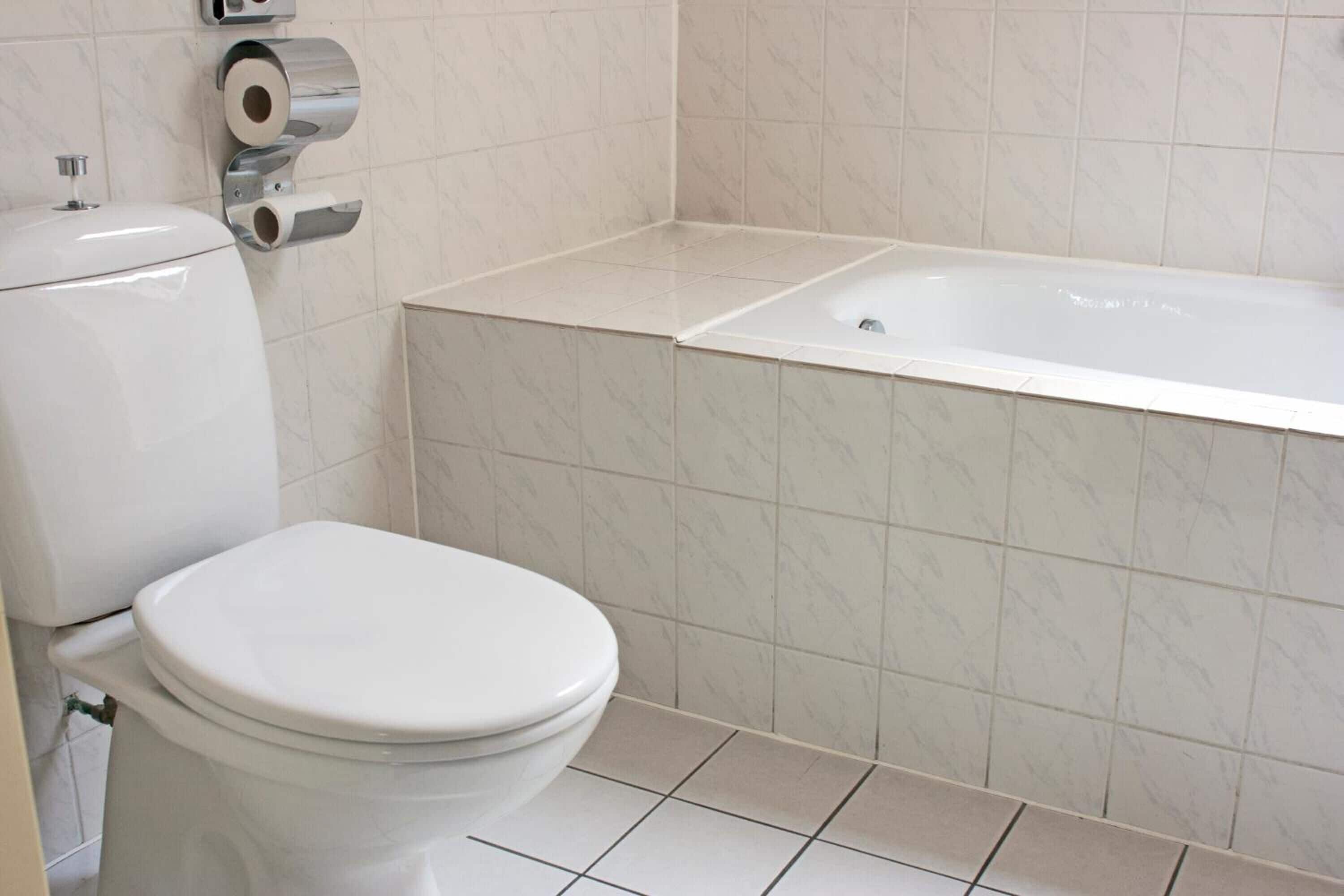 Un baño con inodoro, un rollo de papel higiénico y una bañera.