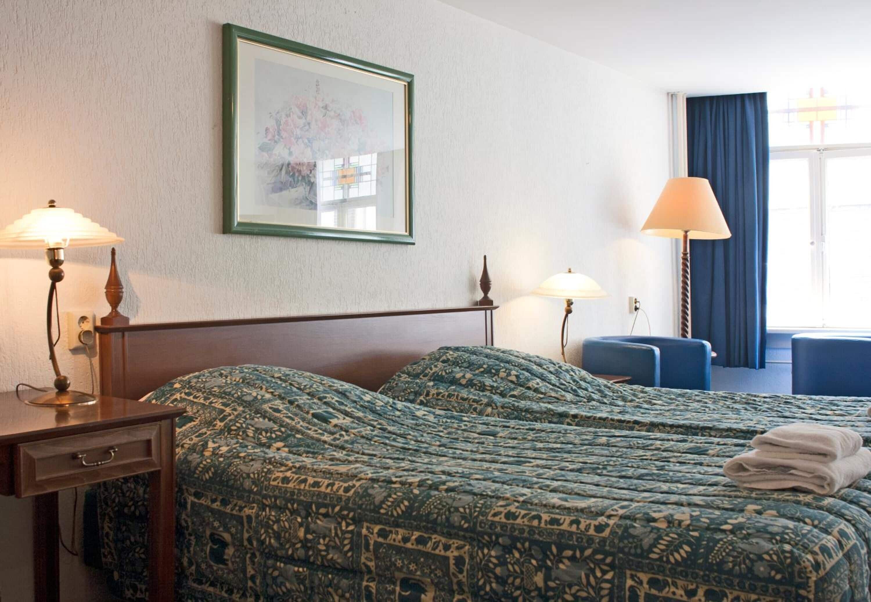Habitación de hotel con una cama grande, dos mesitas de noche con lámparas, un cuadro enmarcado en la pared y una ventana con cortinas.