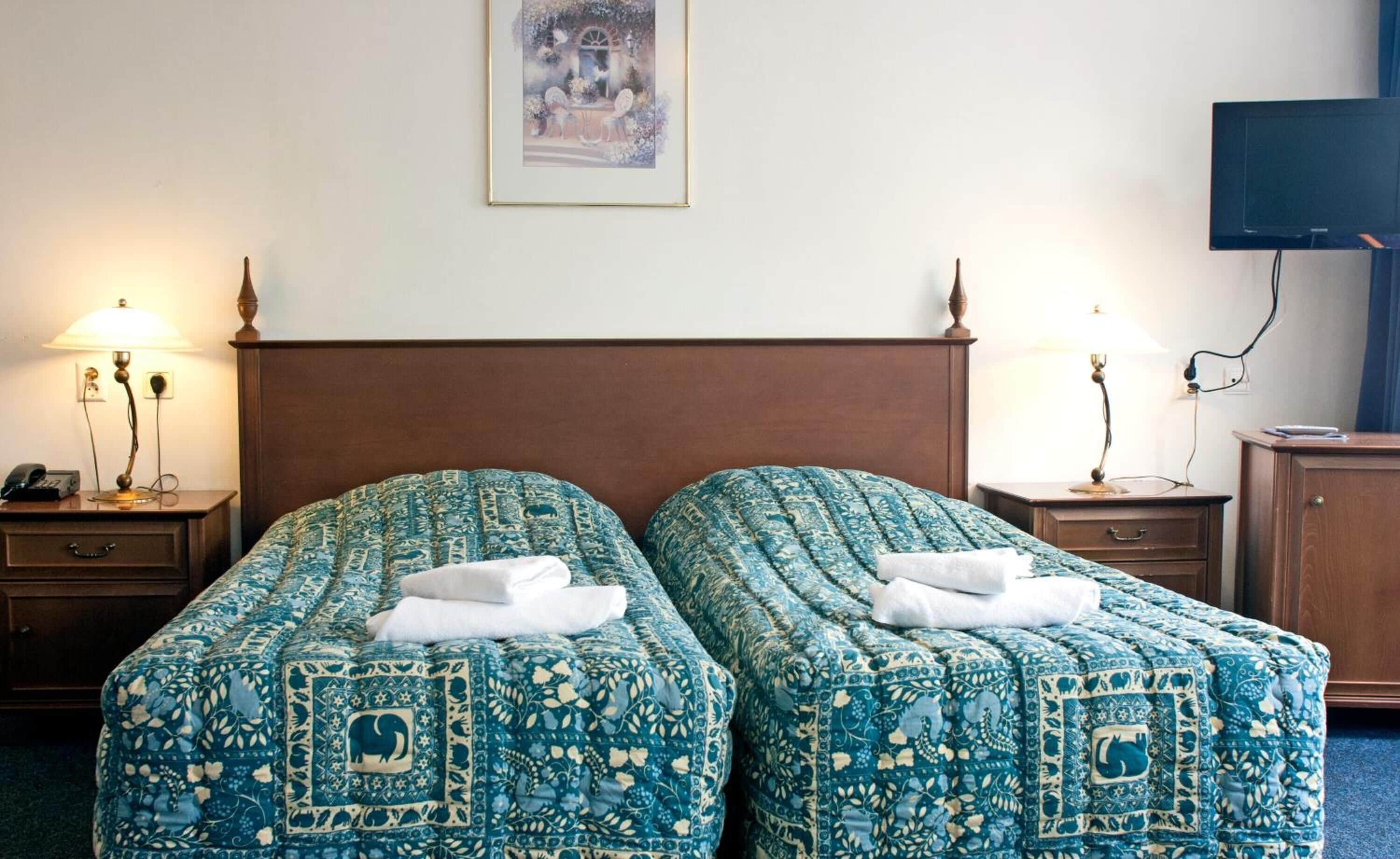 Een hotelkamer met twee bedden, elk voorzien van een blauw beddegoed met patroon, een houten hoofdbord, nachtkastjes met lampen, een televisie aan de muur en een ingelijst schilderij boven de bedden.