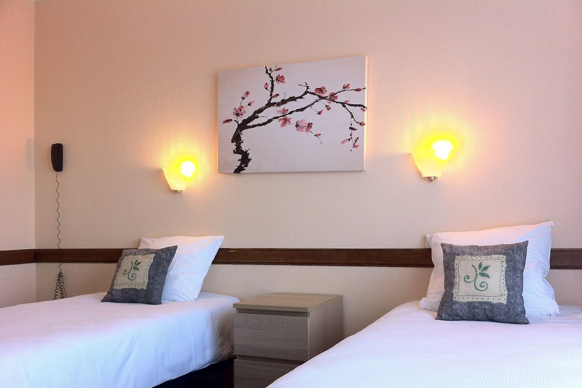Een hotelkamer met twee bedden, elk voorzien van een kussen, nachtkastje en een wandlamp.