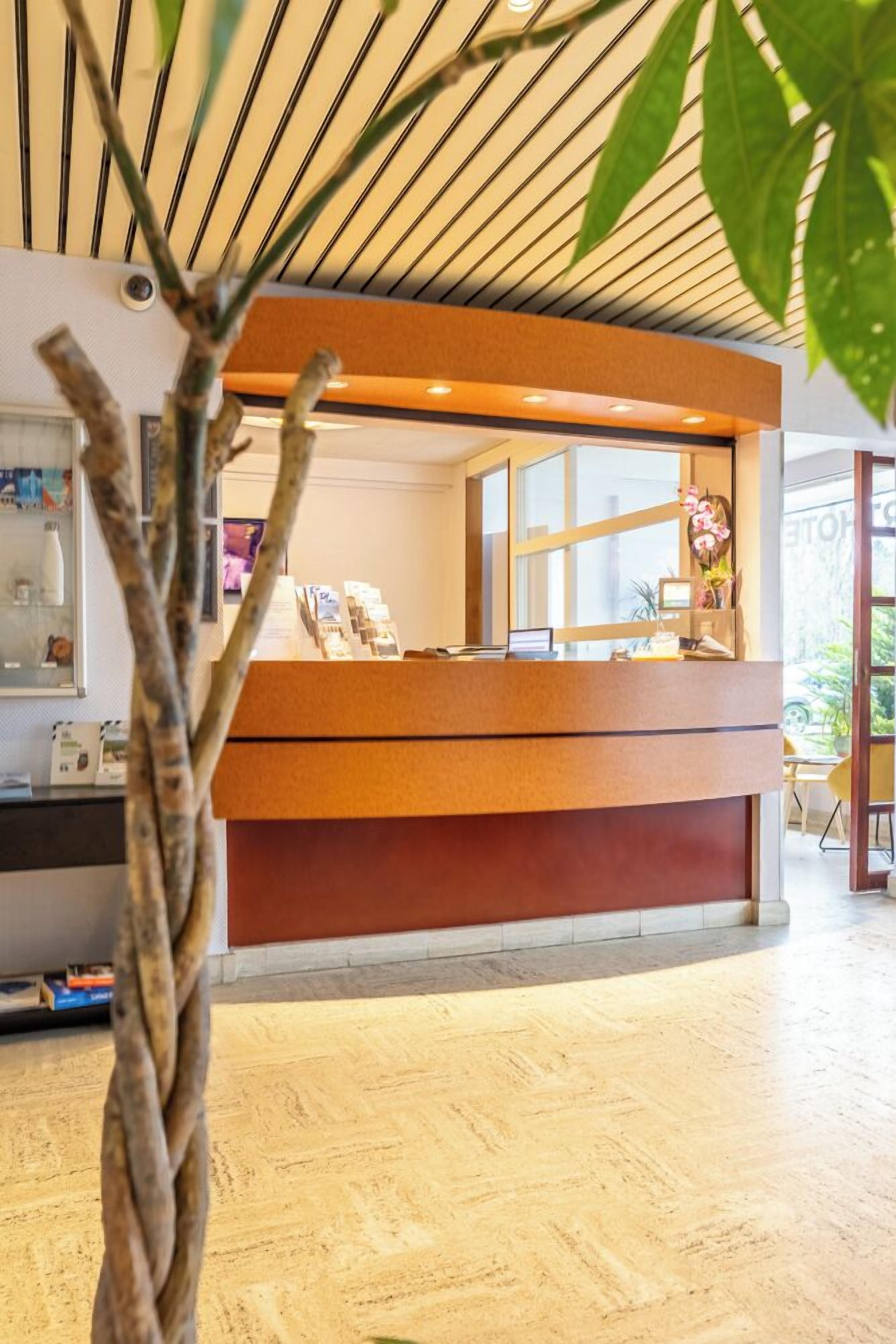 A reception desk with a wooden finish, a glass window, and a plant in the foreground.