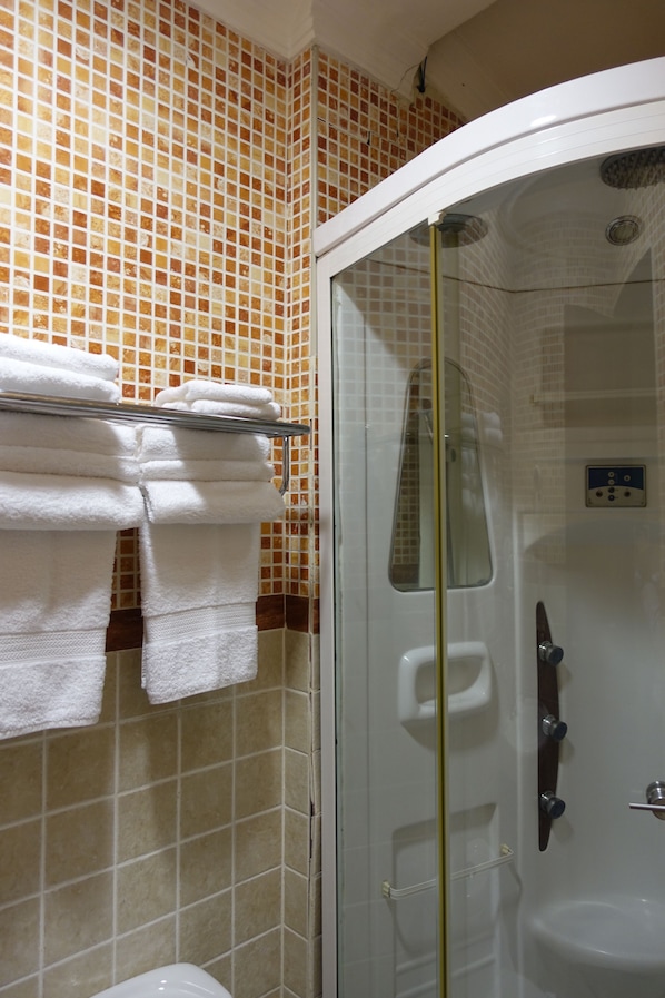 A bathroom with a glass-enclosed shower, a toilet, and a towel rack with folded towels.