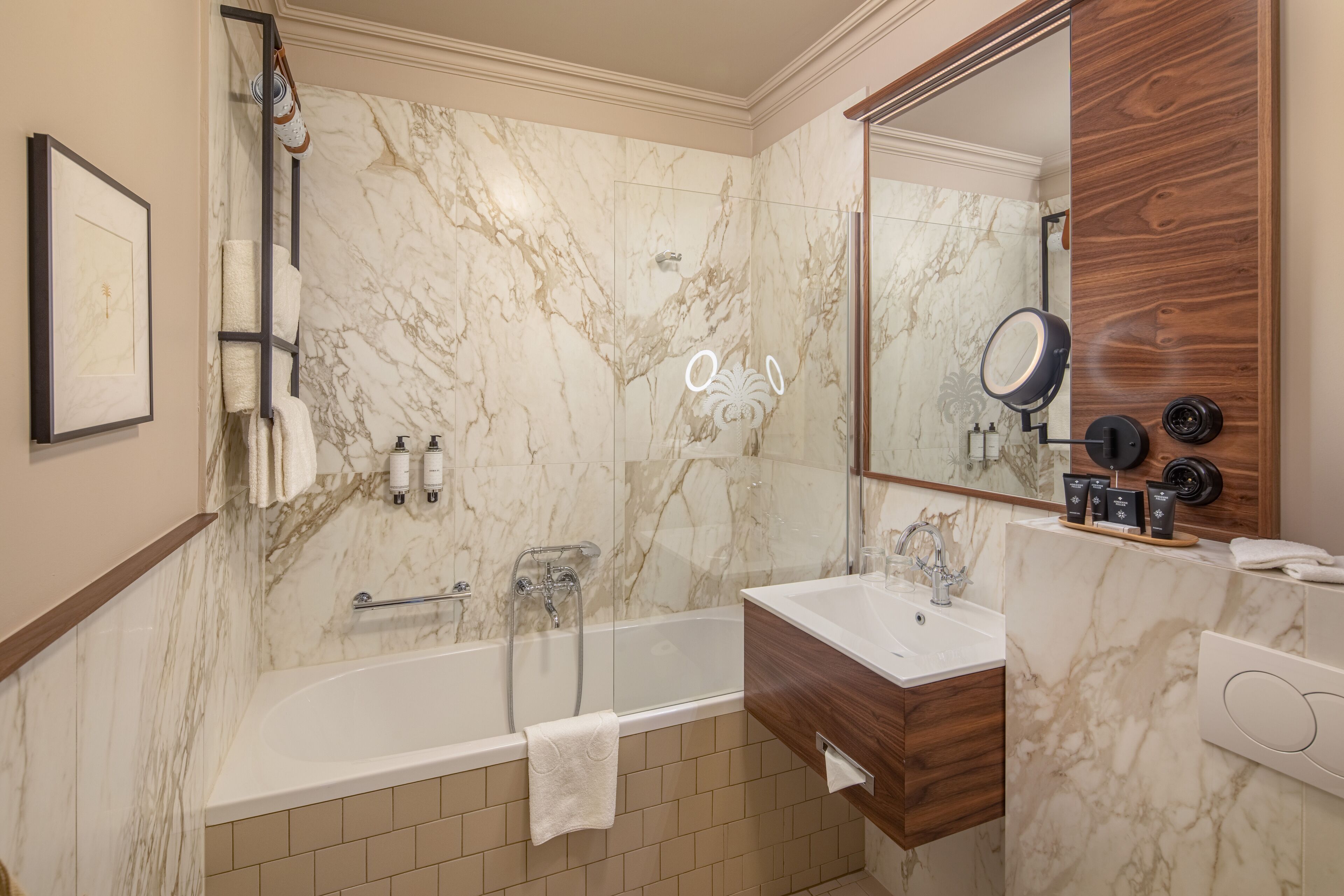 bathtub, free toiletries, hair dryer, bathrobes