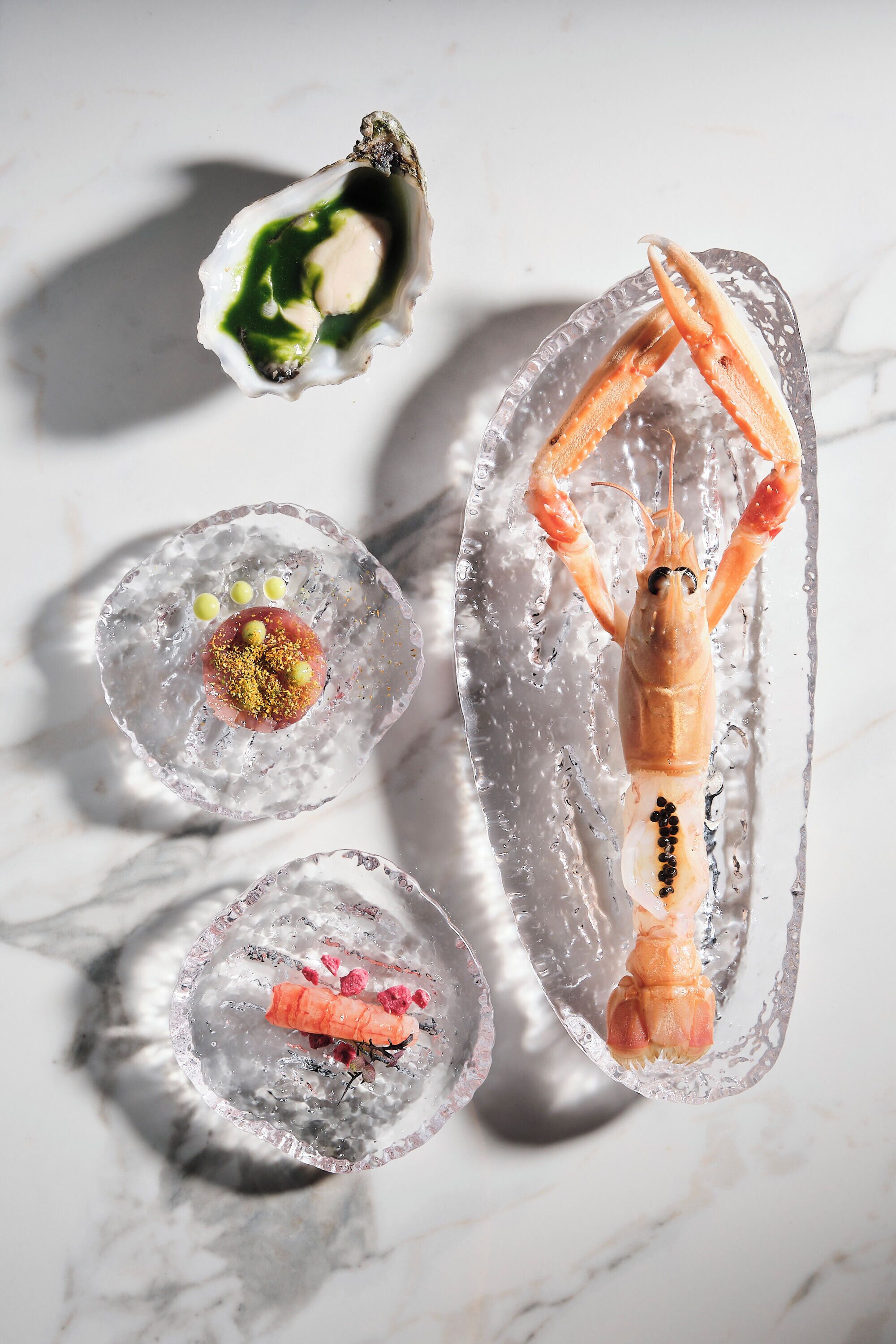 A shrimp on a clear ice block with a shell and a small dish with a green substance.