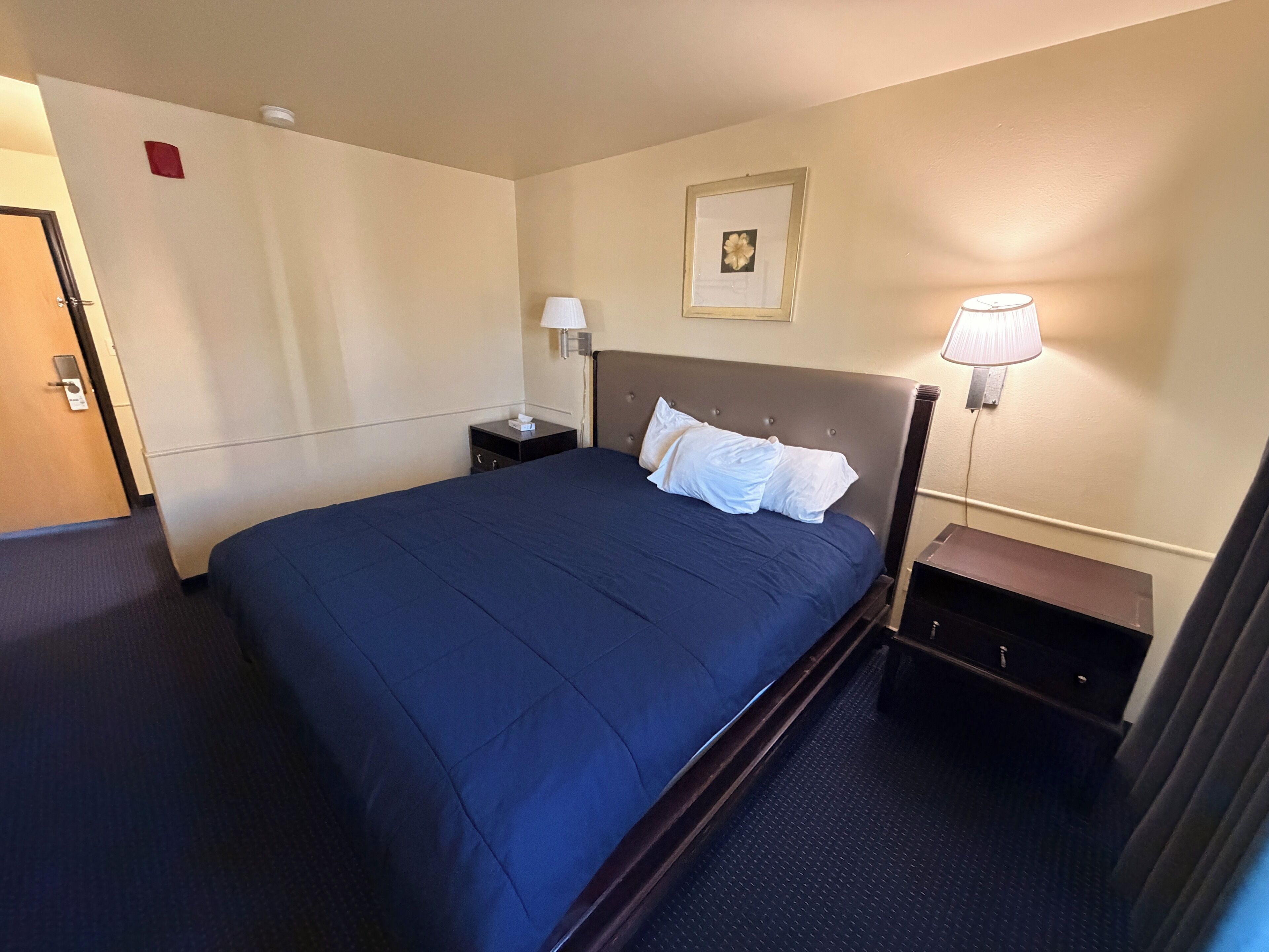 Habitación de hotel con una cama grande, mesitas de noche, lámpara de pared y un cuadro enmarcado.
