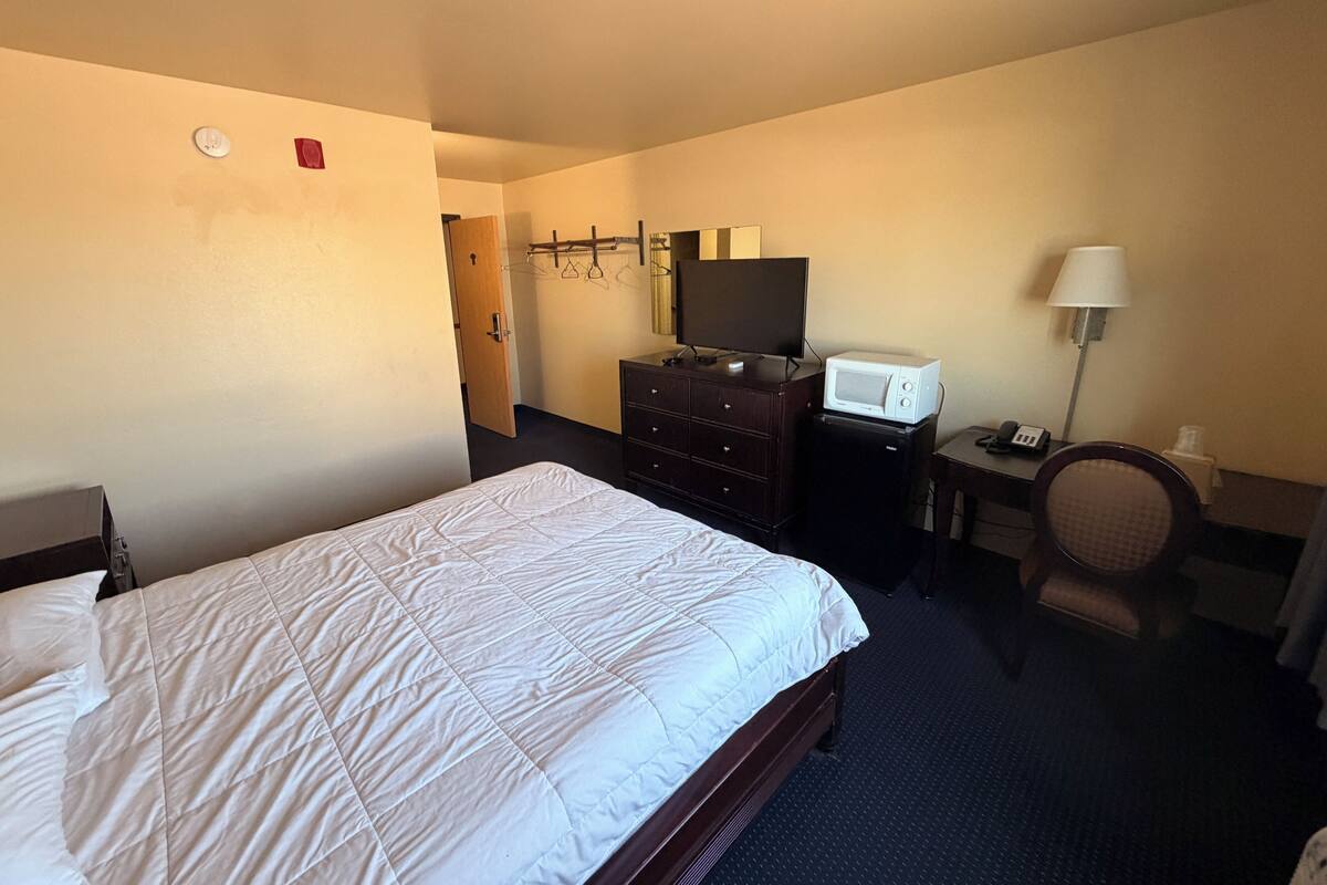 A hotel room with a bed, a dresser, a television, a microwave, a desk, a chair, and a lamp.