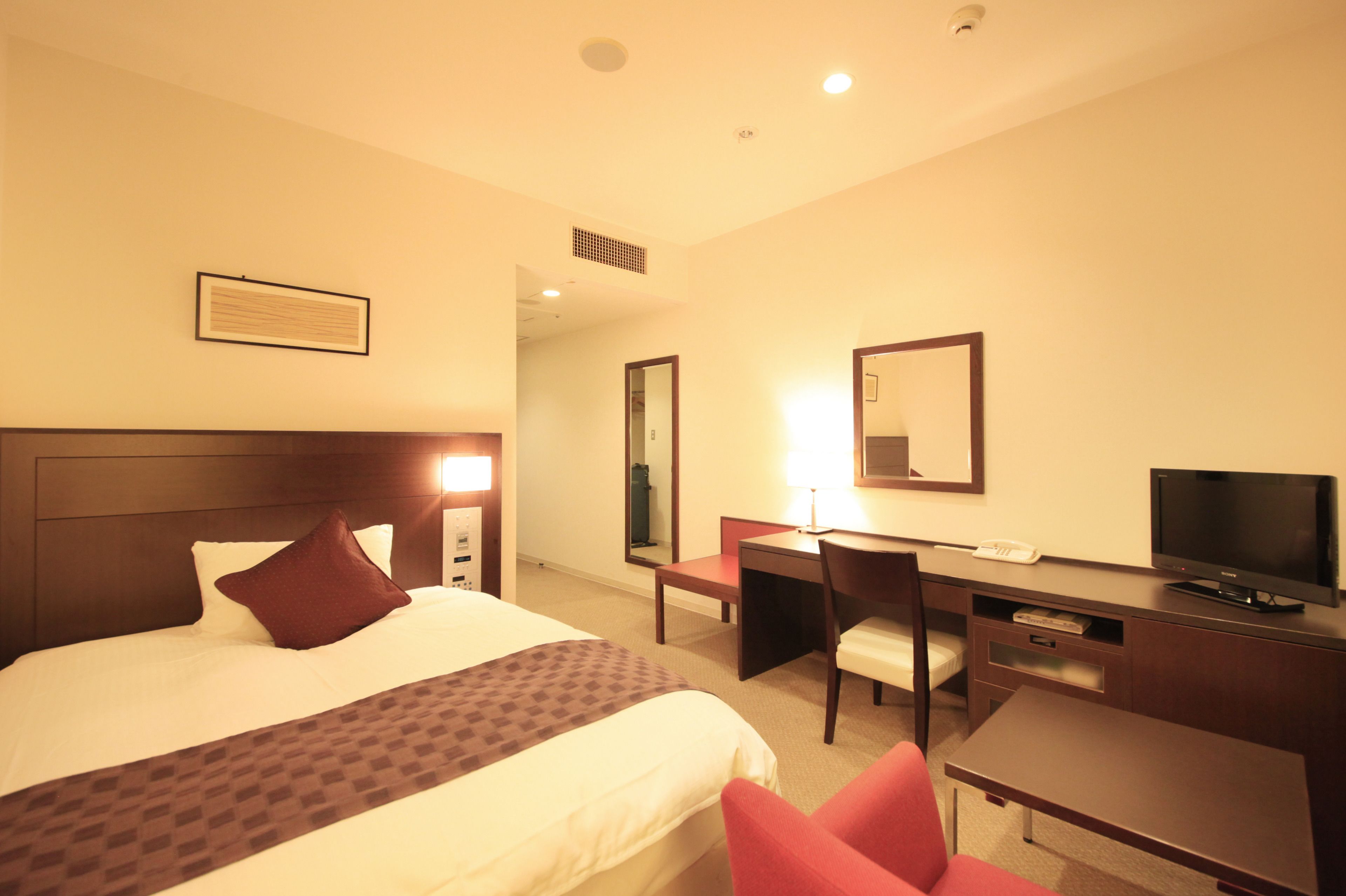 Habitación de hotel con cama, escritorio, silla, televisión y espejo.