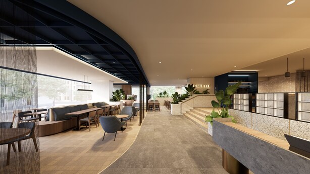 Een modern interieur met een gebogen plafond, zithoeken, een balie en een zichtbaar bordje met 'PALET'.