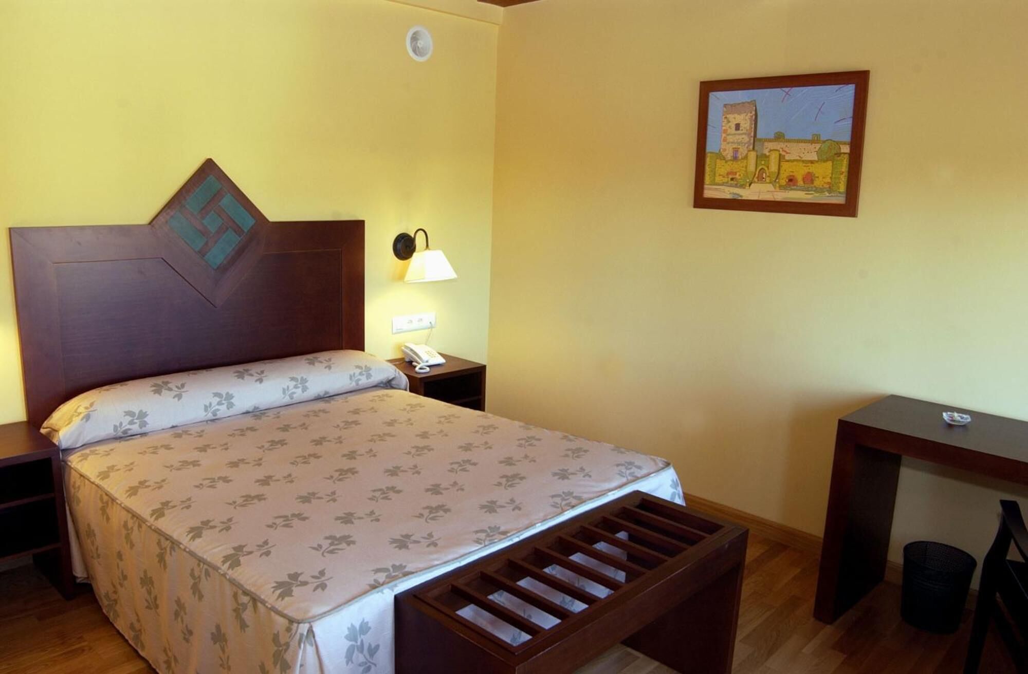 A hotel room with a bed, bedside table with a lamp, a desk, and a trash bin.