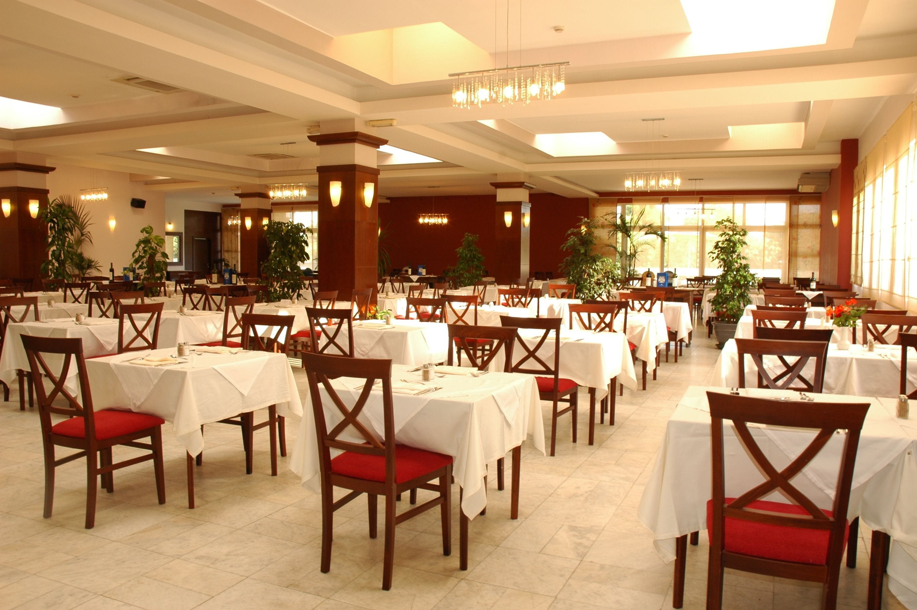 Un vaste espace dédié à la salle à manger, avec de nombreuses tables et chaises, de grandes fenêtres et des plantes décoratives.
