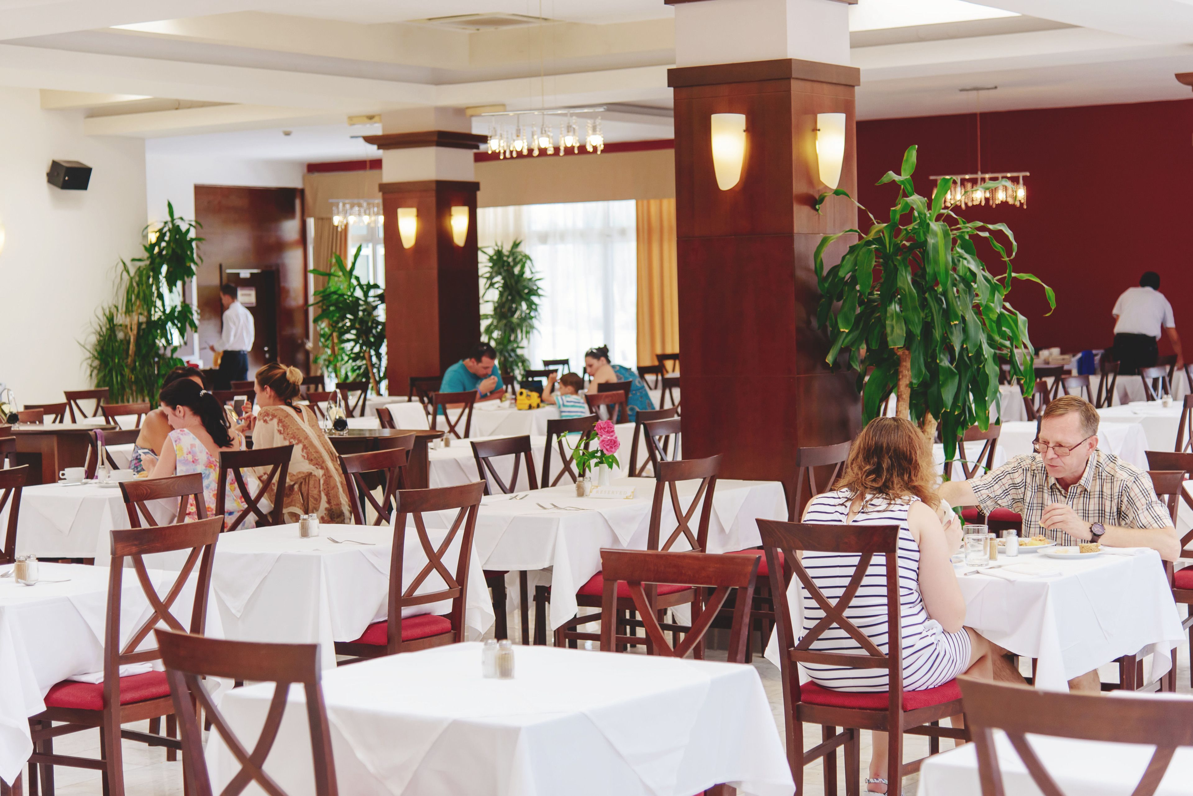 A restaurant with multiple tables and chairs, indoor plants, and a modern chandelier.