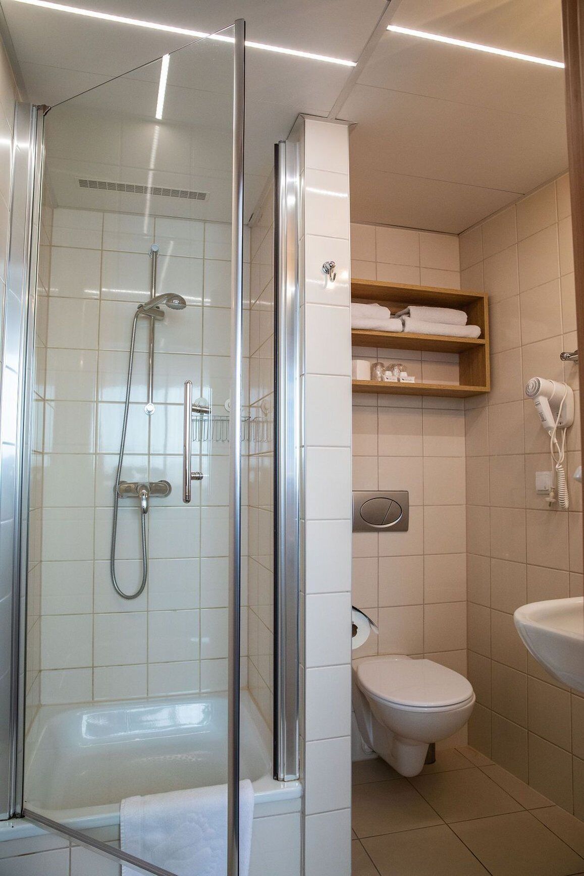 A modern bathroom with a glass-enclosed shower, a toilet, and a sink.