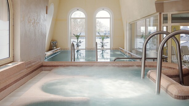 Ein Whirlpool mit Fliesenrand, Metallgeländern und Blick ins Freie durch große Fenster.