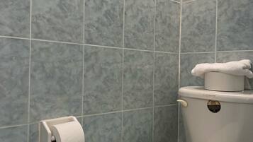 Casa de banho com sanita, rolo de papel higiénico e toalha sobre o autoclismo.
