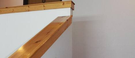 A staircase with a wooden handrail and patterned carpet.