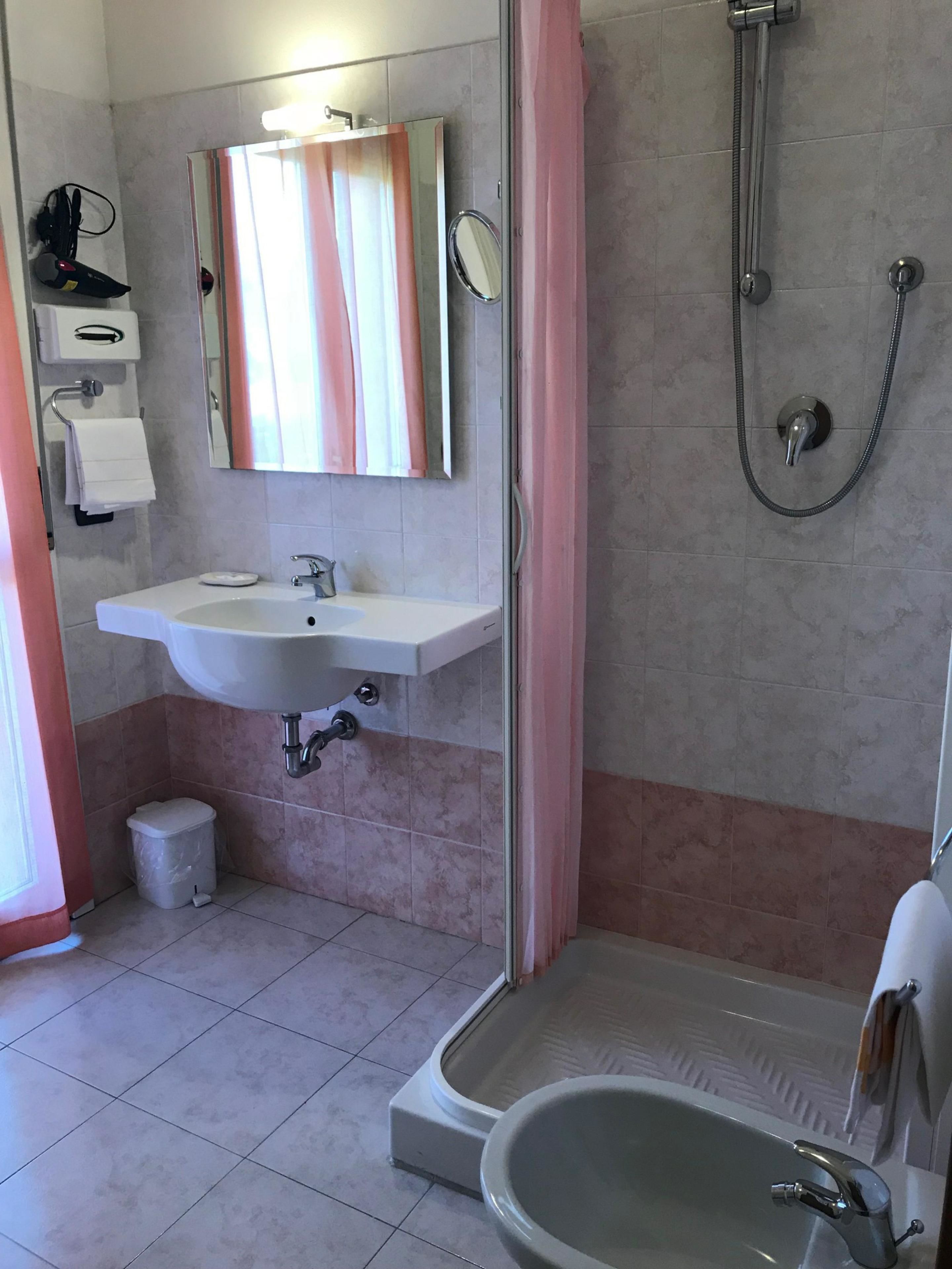 A bathroom with a sink, mirror, shower, and toilet.