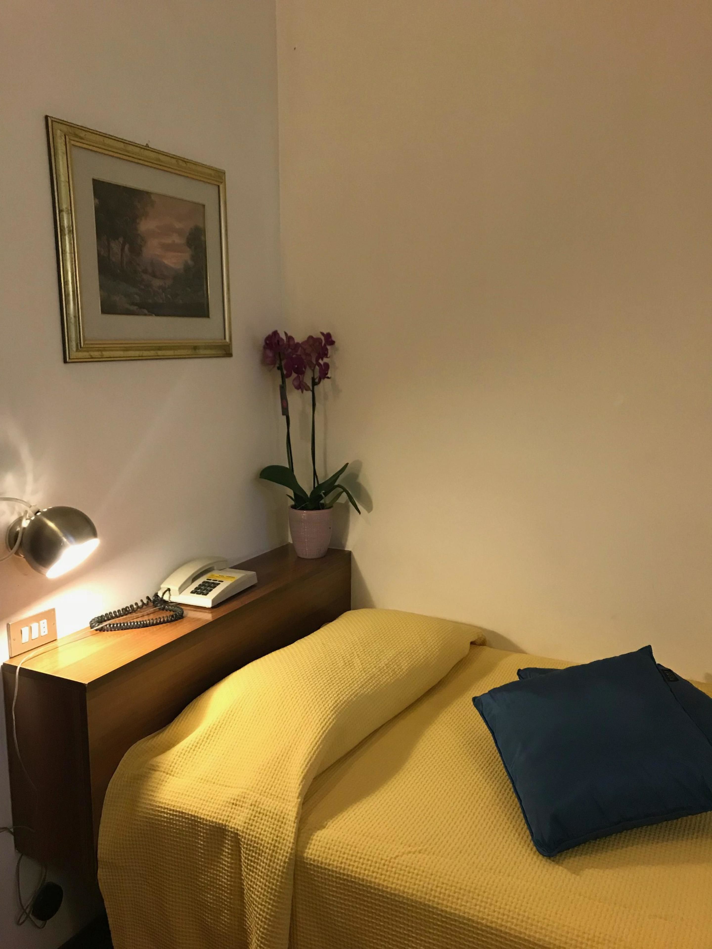 A hotel room with a bed, a bedside table with a lamp, a phone, and a framed picture on the wall.