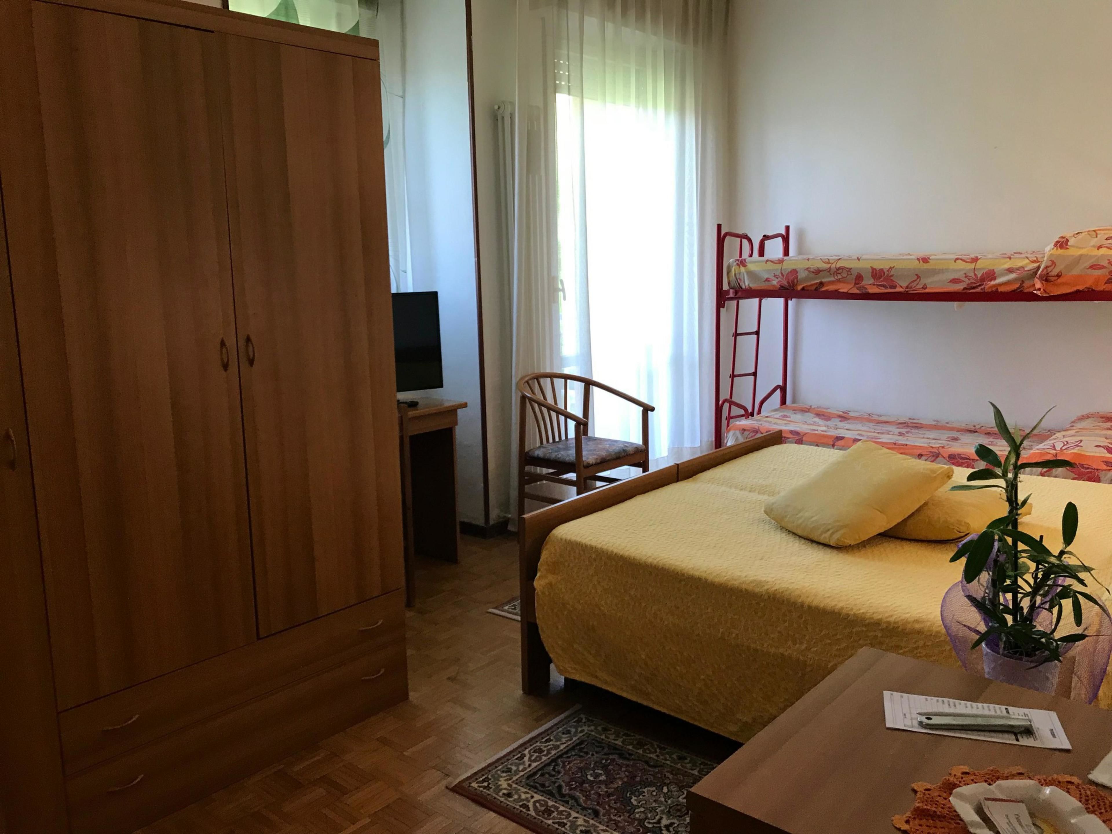 A bedroom with a wooden wardrobe, a desk with a chair, a bunk bed, and a small table with a plant.