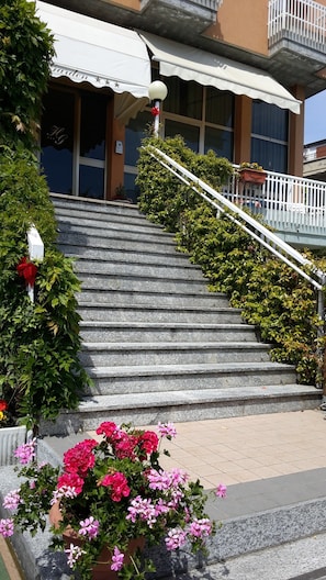 A building with a set of stone steps leading up to a door, surrounded by greenery and flower pots.
