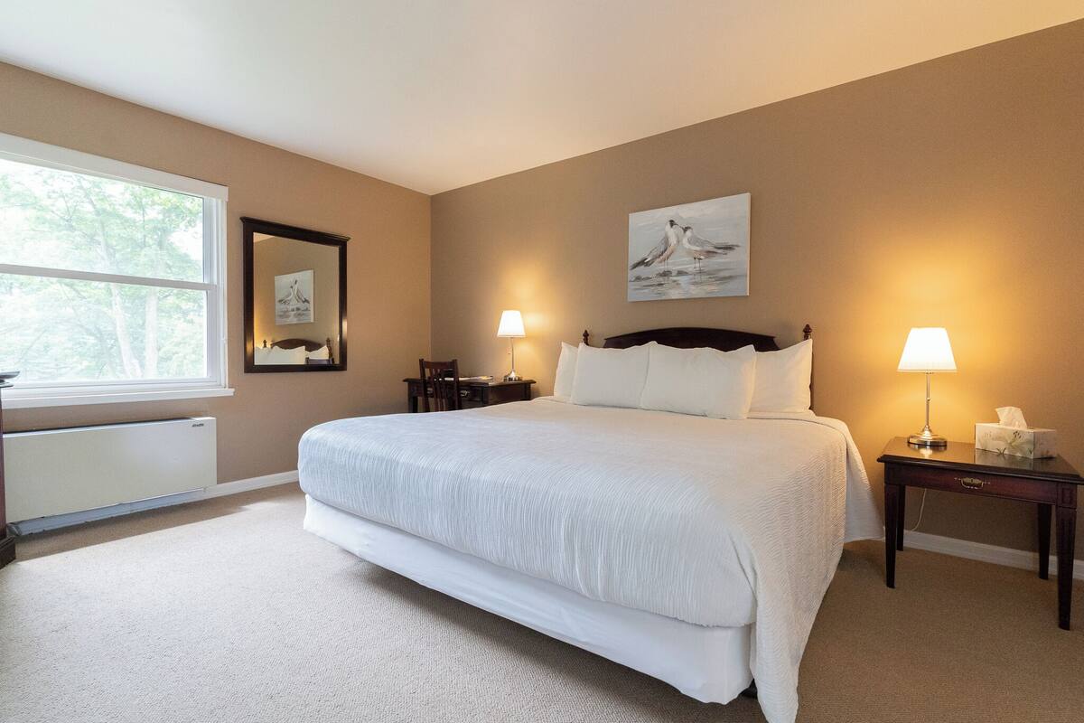 A neatly arranged bedroom with a large bed, bedside lamps, a nightstand, a mirror, and a window with a view of trees.