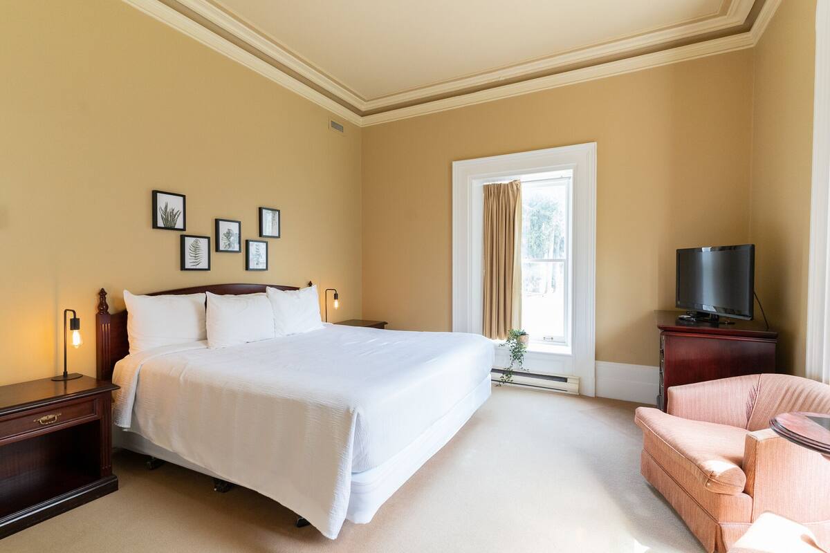 A hotel room with a large bed, a television on a wooden cabinet, a chair, and framed pictures on the wall.