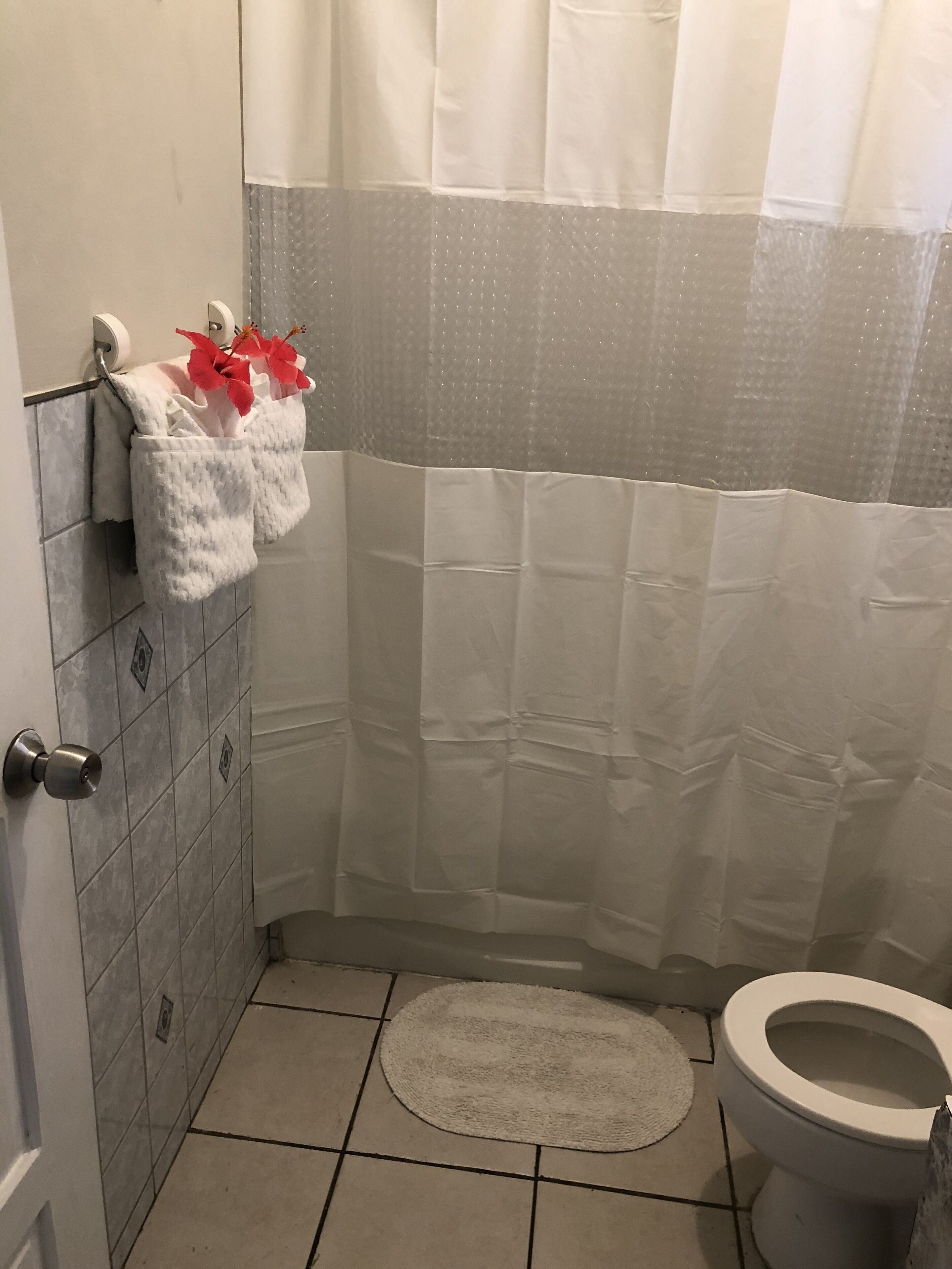 Un baño con un inodoro, una cortina de ducha y dos toallas colgadas en la pared.