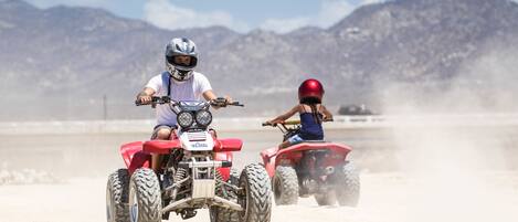 Two people riding red ATVs on a sandy terrain with mountains in the background.