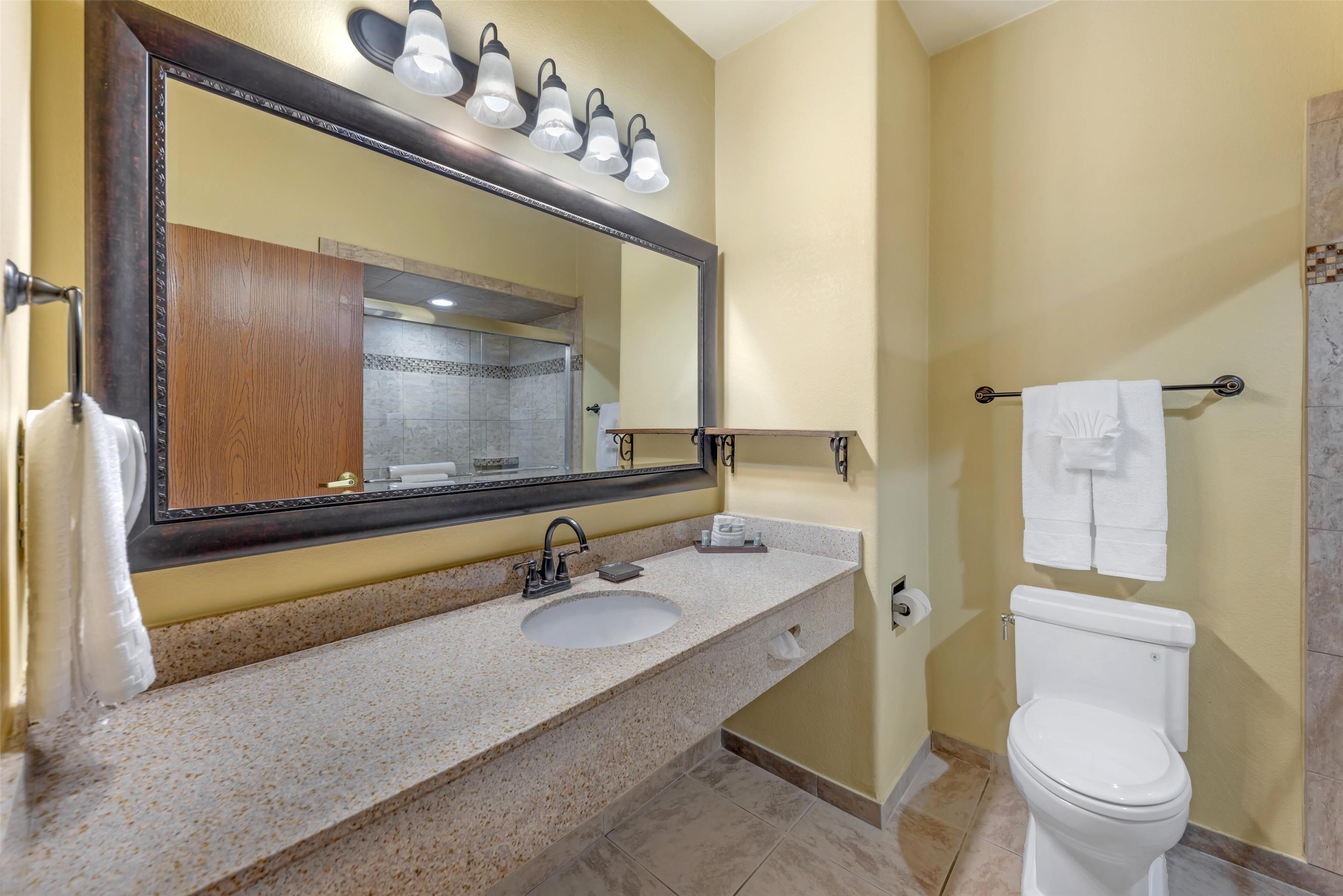 executive room, 1 king bed, non smoking, refrigerator & microwave | bathroom | designer toiletries, hair dryer, towels