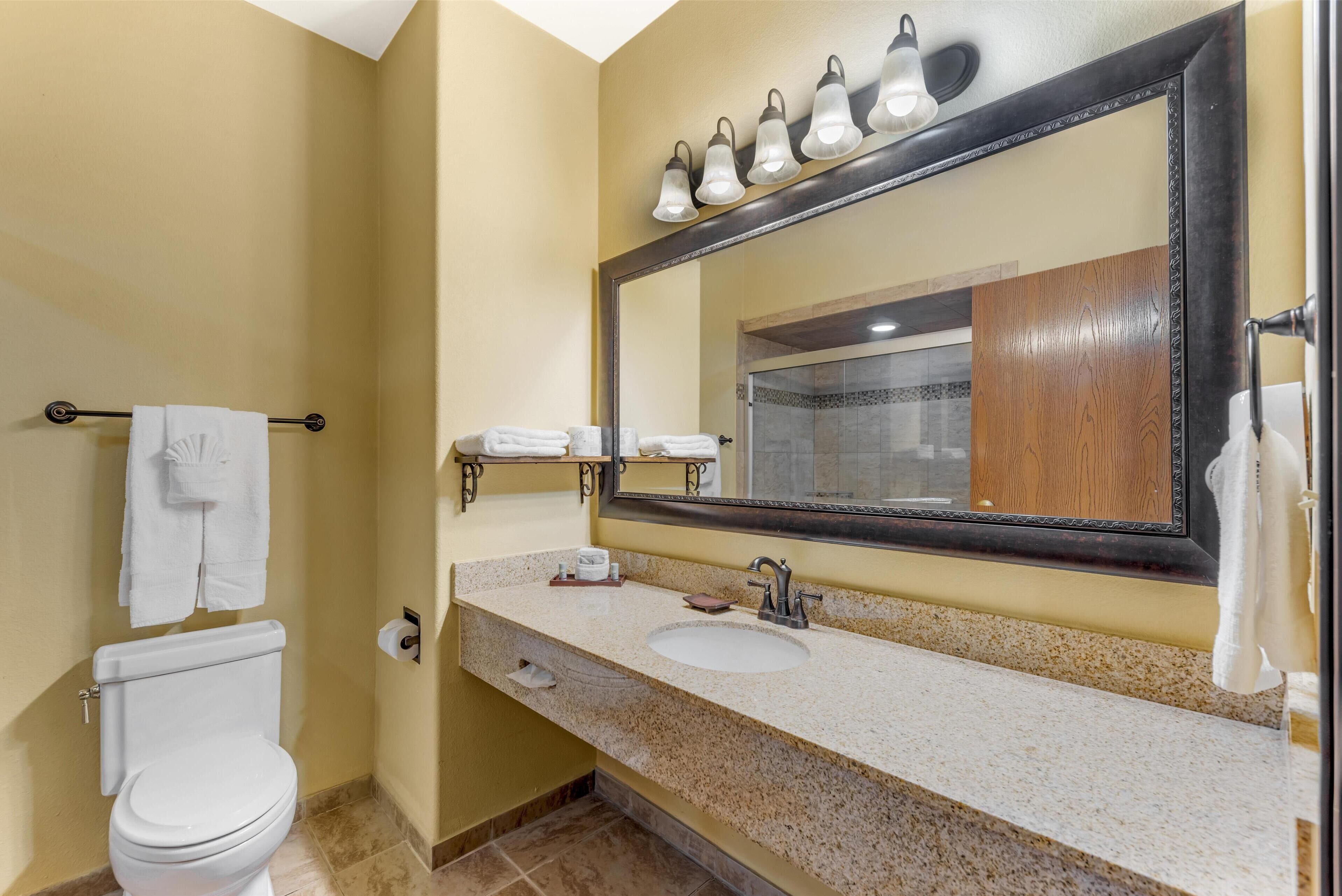 standard room, 2 queen beds, non smoking, refrigerator & microwave | bathroom | designer toiletries, hair dryer, towels