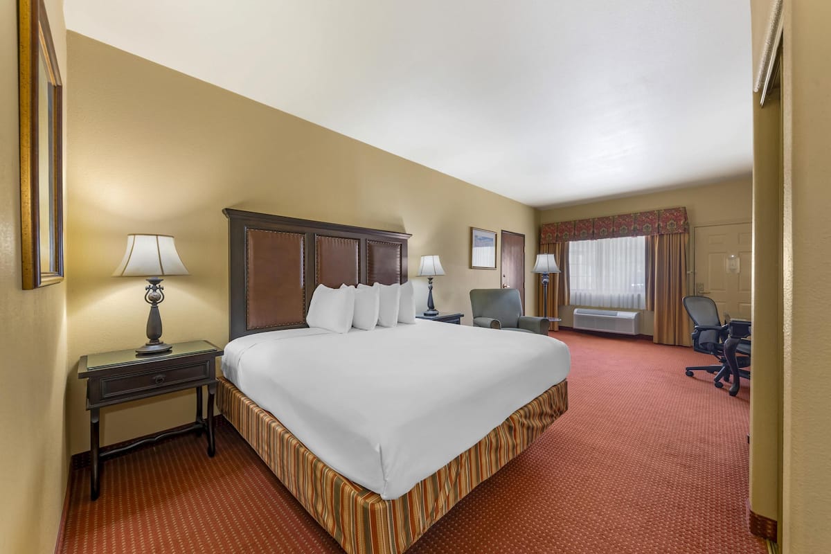 Quarto de hotel com uma cama grande, duas mesas de cabeceira com luminárias, uma escrivaninha com cadeira e uma janela com cortinas.