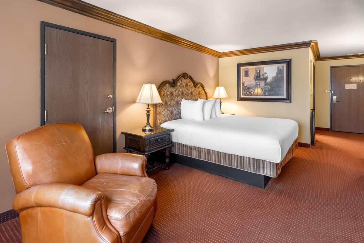 Quarto de hotel com uma cama grande, poltrona de couro, mesa de cabeceira com luminárias e um quadro na parede.