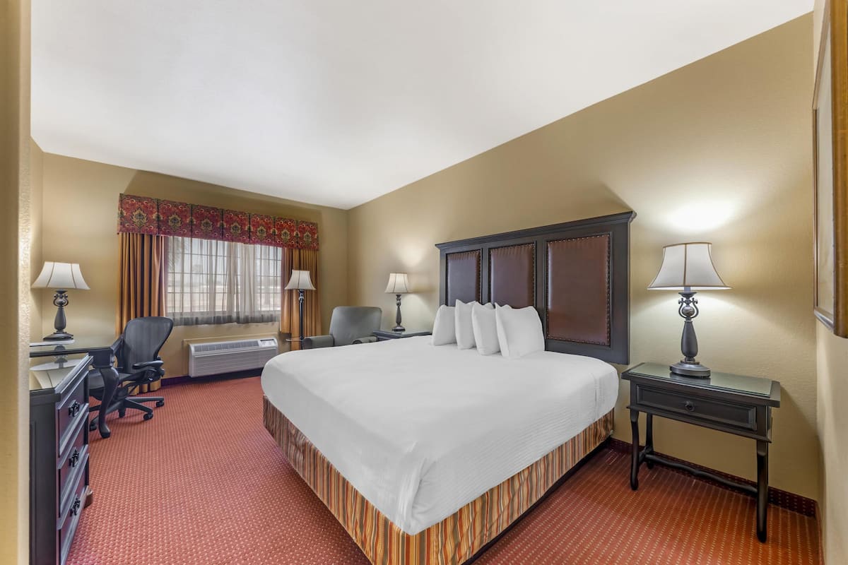 Quarto de hotel com uma cama grande, duas mesas de cabeceira com abajures, uma escrivaninha com cadeira, uma janela com cortinas e um radiador.