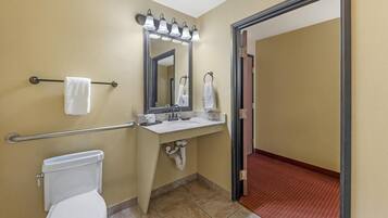 Un baño con inodoro, lavamanos, espejo y toallero.