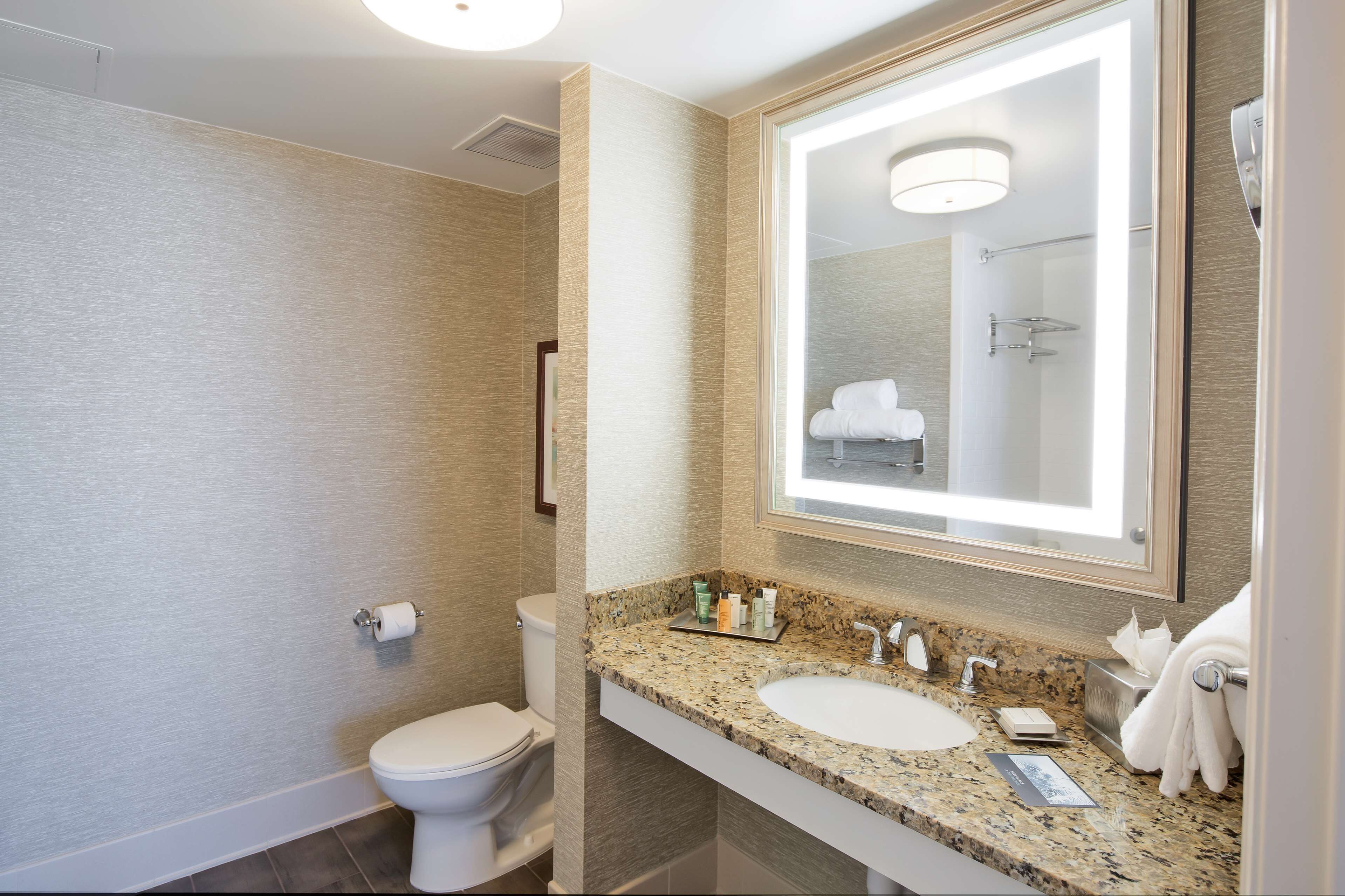 A modern bathroom with a granite countertop, two sinks, a large mirror, and a toilet.