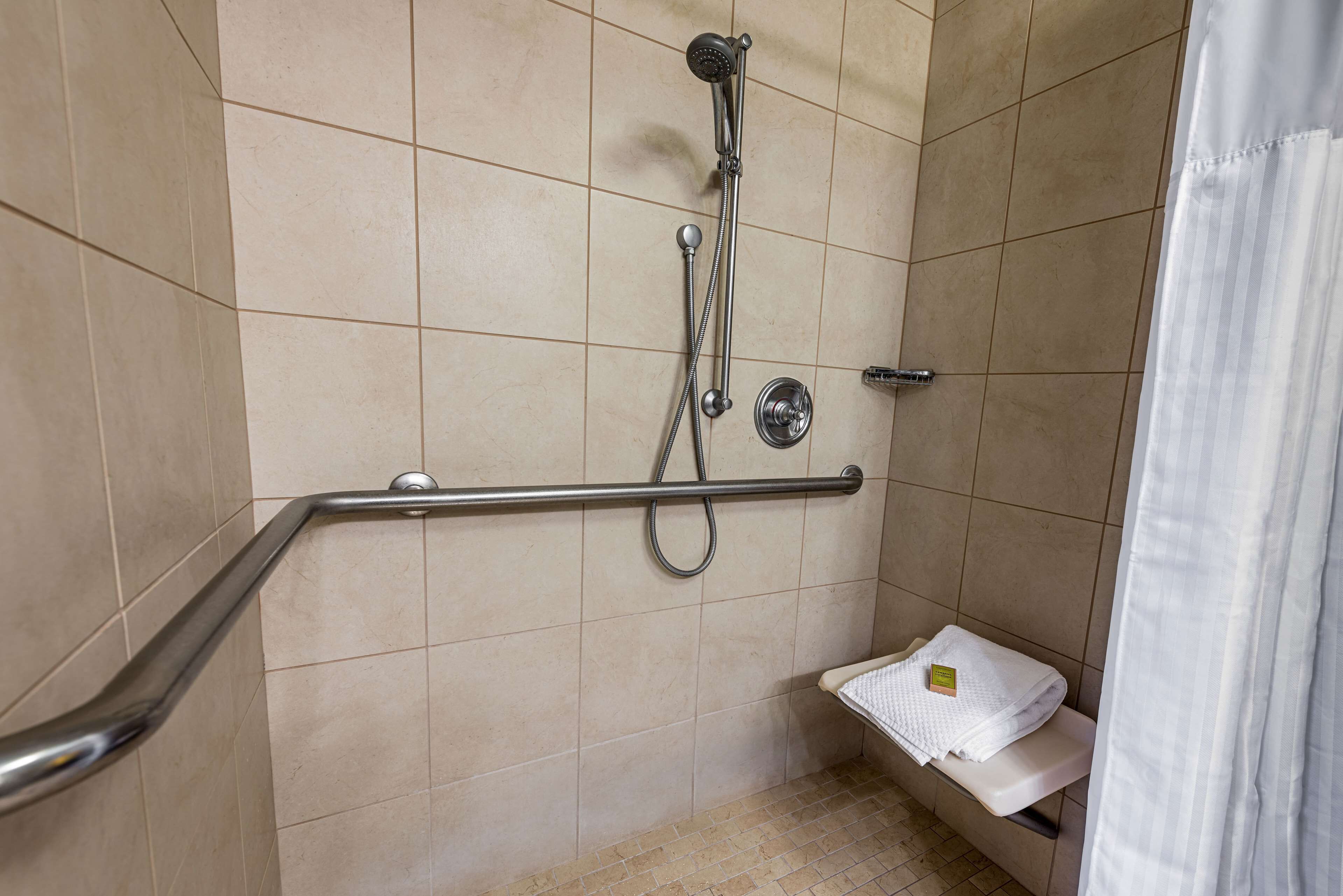 Un espace douche équipé d’une barre d’appui, d’un pommeau de douche et d’un porte-serviettes.