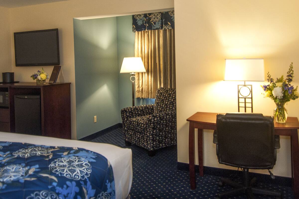 A hotel room with a bed, a desk with a lamp, a chair, a TV, and a vase with flowers.