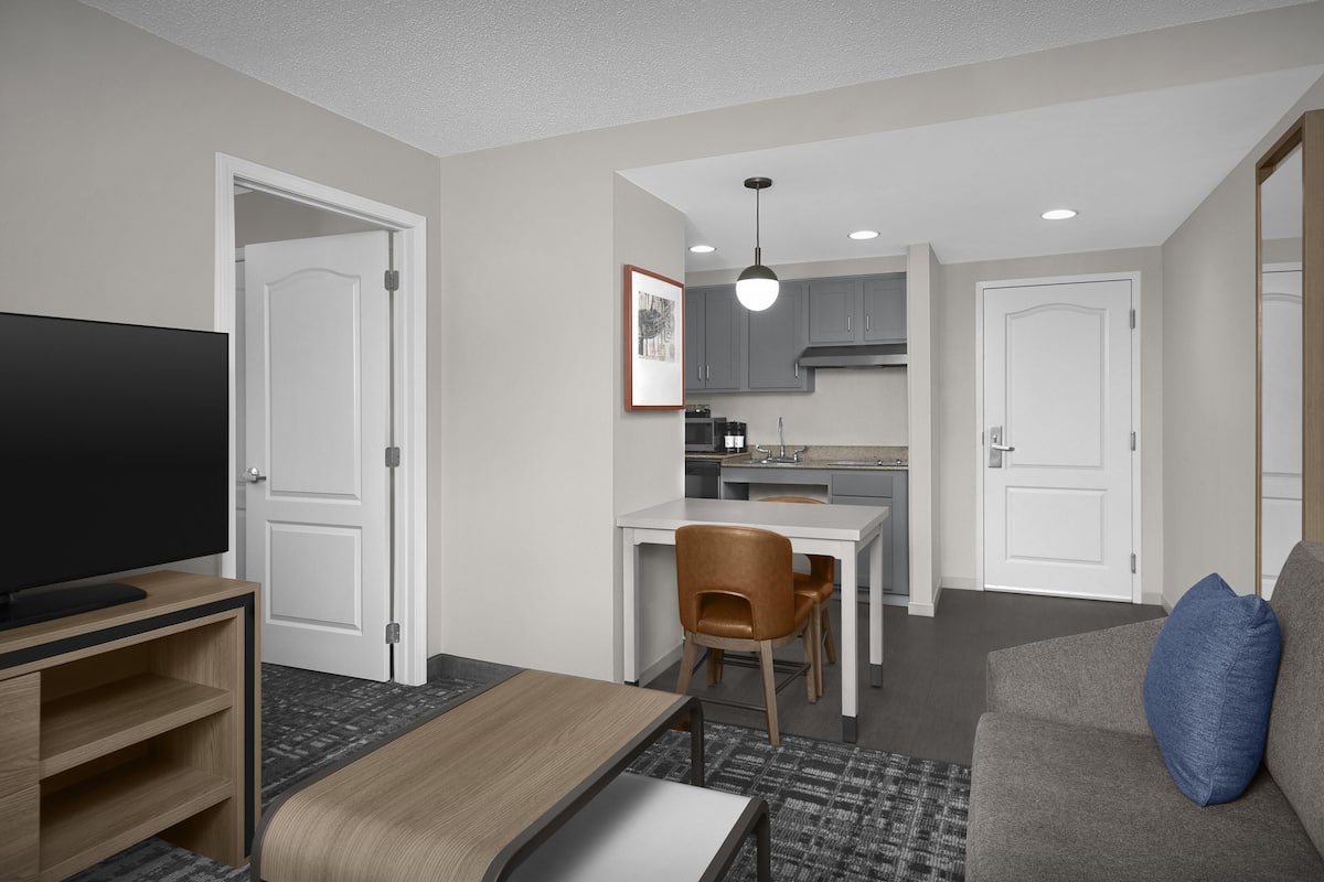 A modern living room with a flat-screen TV, a sofa, a dining table with chairs, a kitchen area with cabinets, and a ceiling light fixture.
