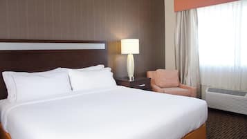 Habitación de hotel con una cama grande, una mesita de noche, una lámpara, una silla y un equipo de aire acondicionado.