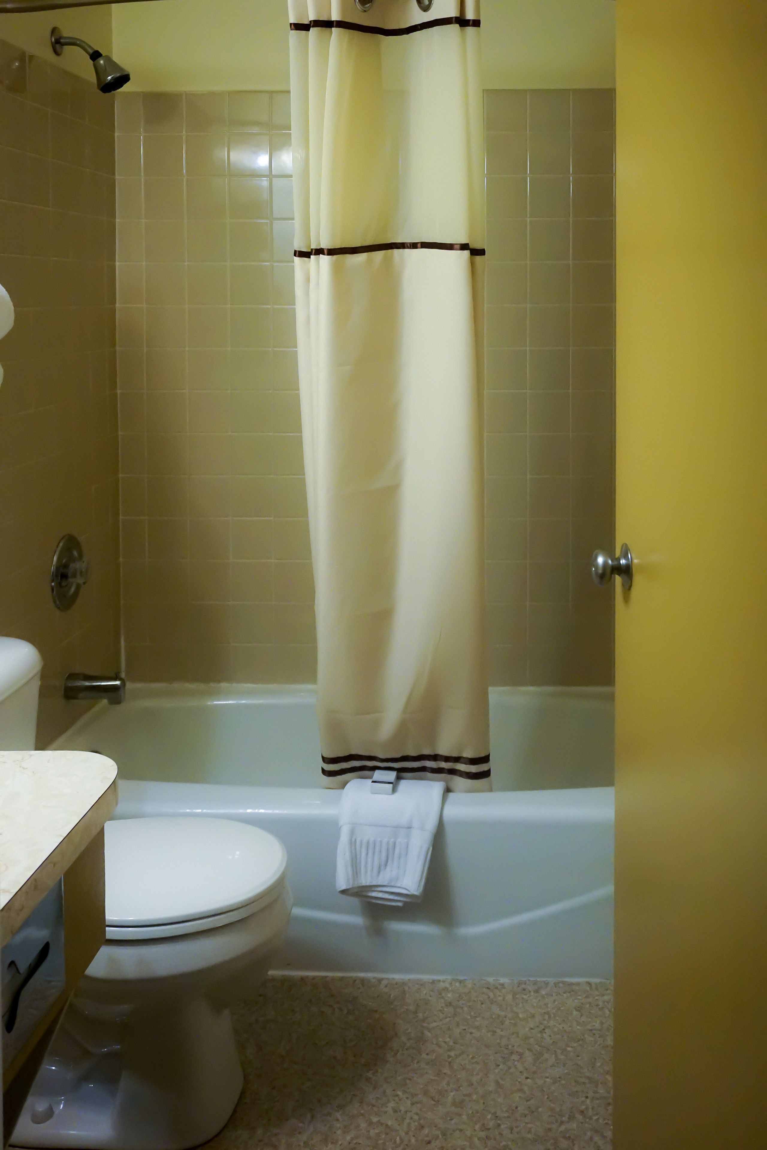 A bathroom with a toilet, bathtub, and shower curtain.
