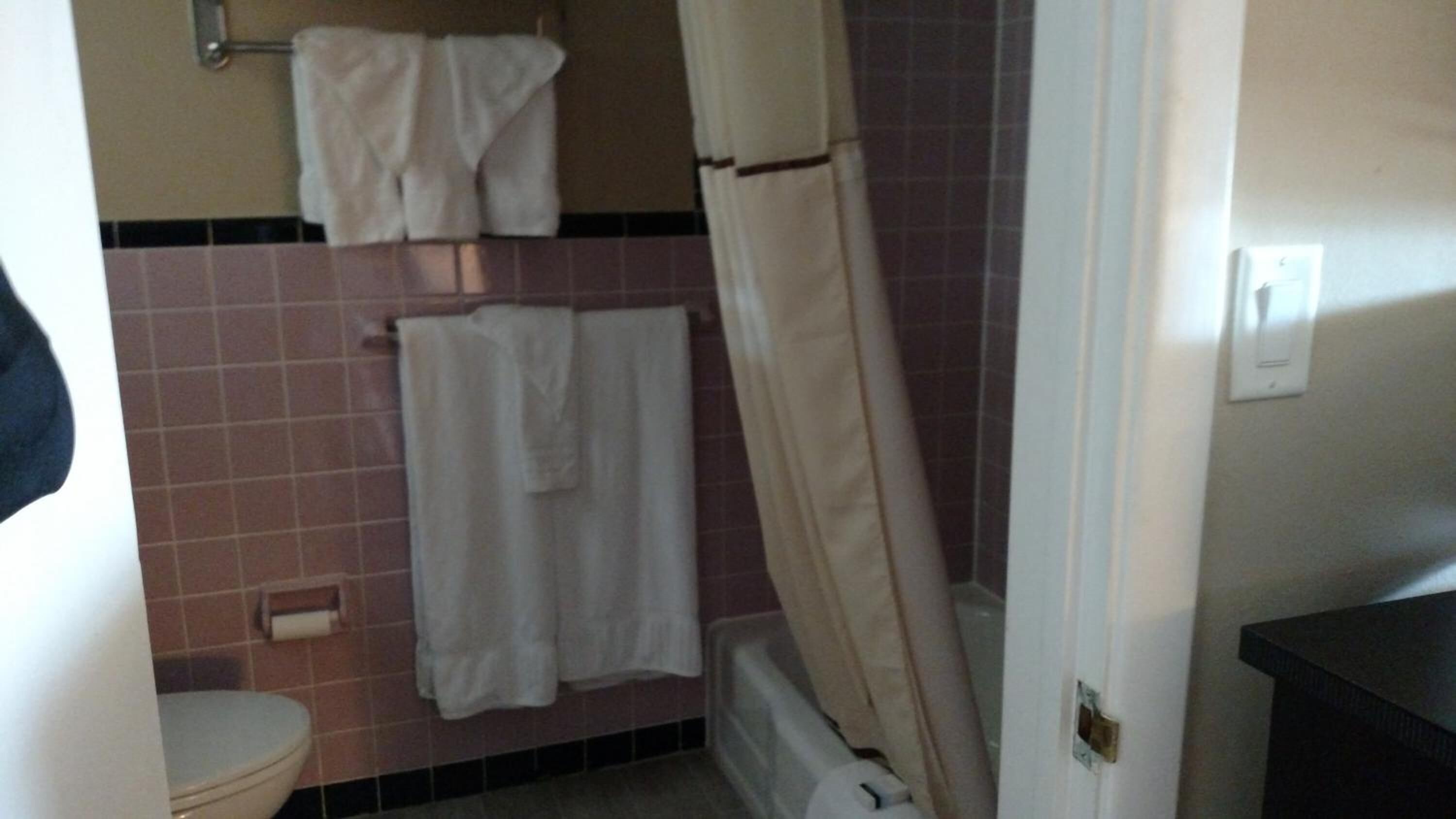 A bathroom with a toilet, a shower with a curtain, and two white towels hanging on the wall.