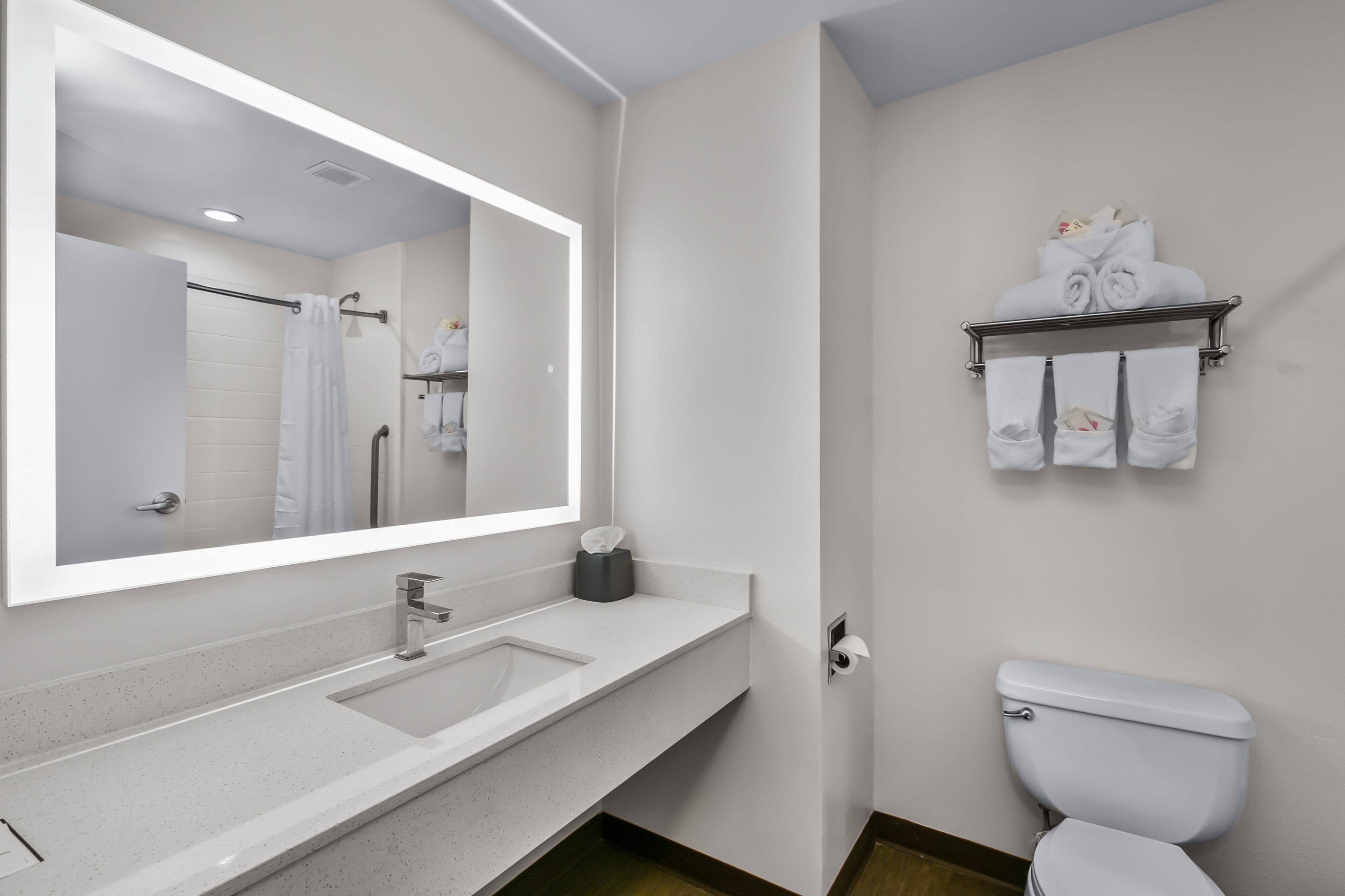 Une salle de bain moderne avec un grand miroir, un lavabo, des toilettes et un porte-serviettes.
