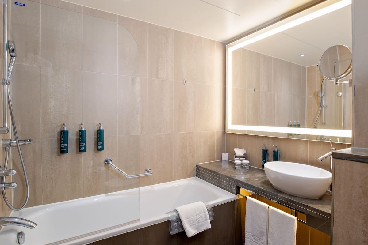 Combined shower/bathtub, free toiletries, hair dryer, towels