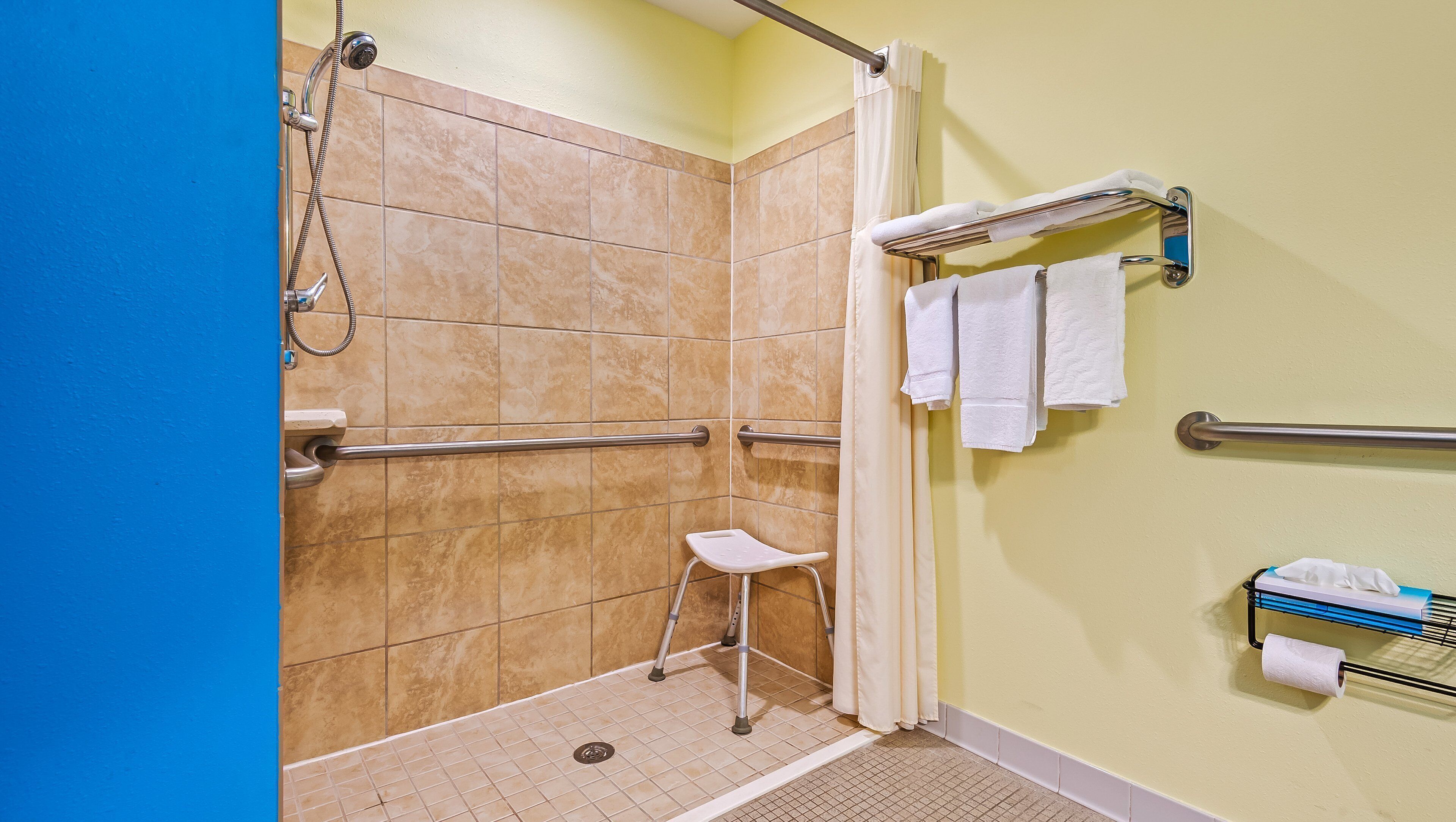 Un espace douche accessible aux personnes en fauteuil roulant, équipé de barres d’appui, d’un petit marchepied et d’un porte-serviettes.
