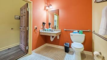 A bathroom with a wooden door, a sink with toiletries, a toilet, and a mirror.