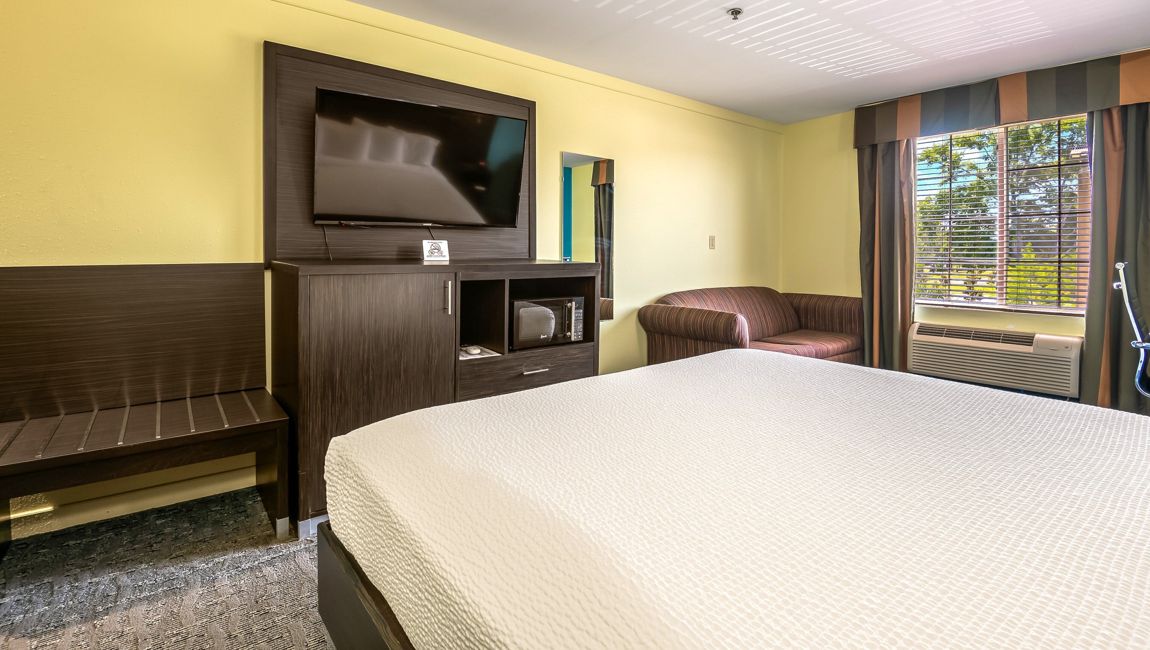 A hotel room with a bed, a TV, a microwave, a sofa, and a window with blinds.