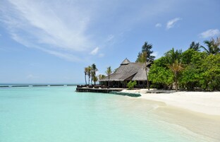 Un resort frente al mar con bungalows sobre el agua, aguas turquesas cristalinas y exuberante vegetación.