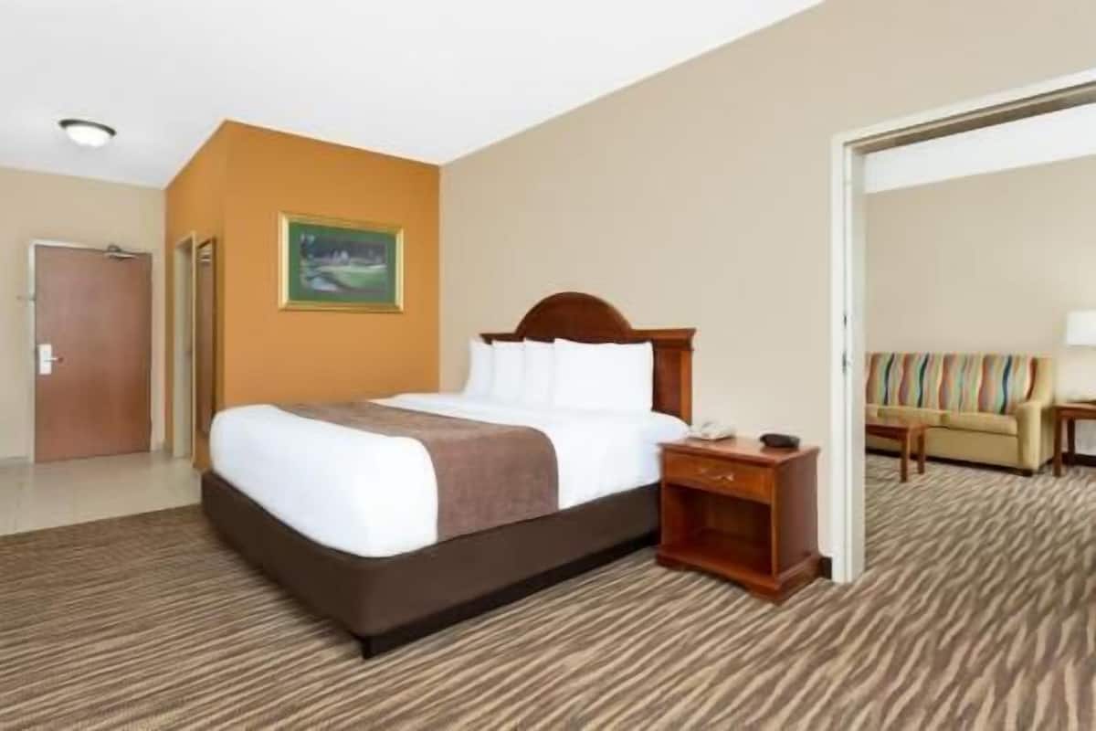 Een hotelkamer met een bed, nachtkastje, een deur en een schilderij aan de muur.