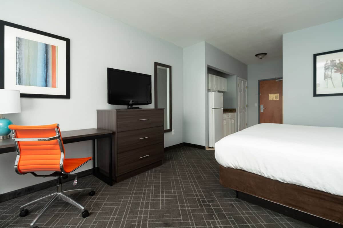 Een hotelkamer met een bed, bureau, stoel, televisie en kunstwerken aan de wanden.
